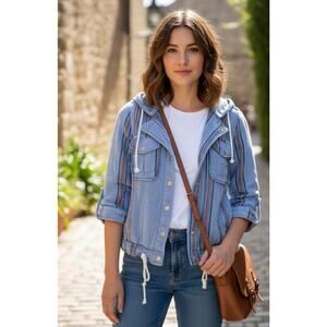 Jolt Women’s Jacket Cropped Hooded Bohemian Boho Snaps Pockets Blue Sz Small